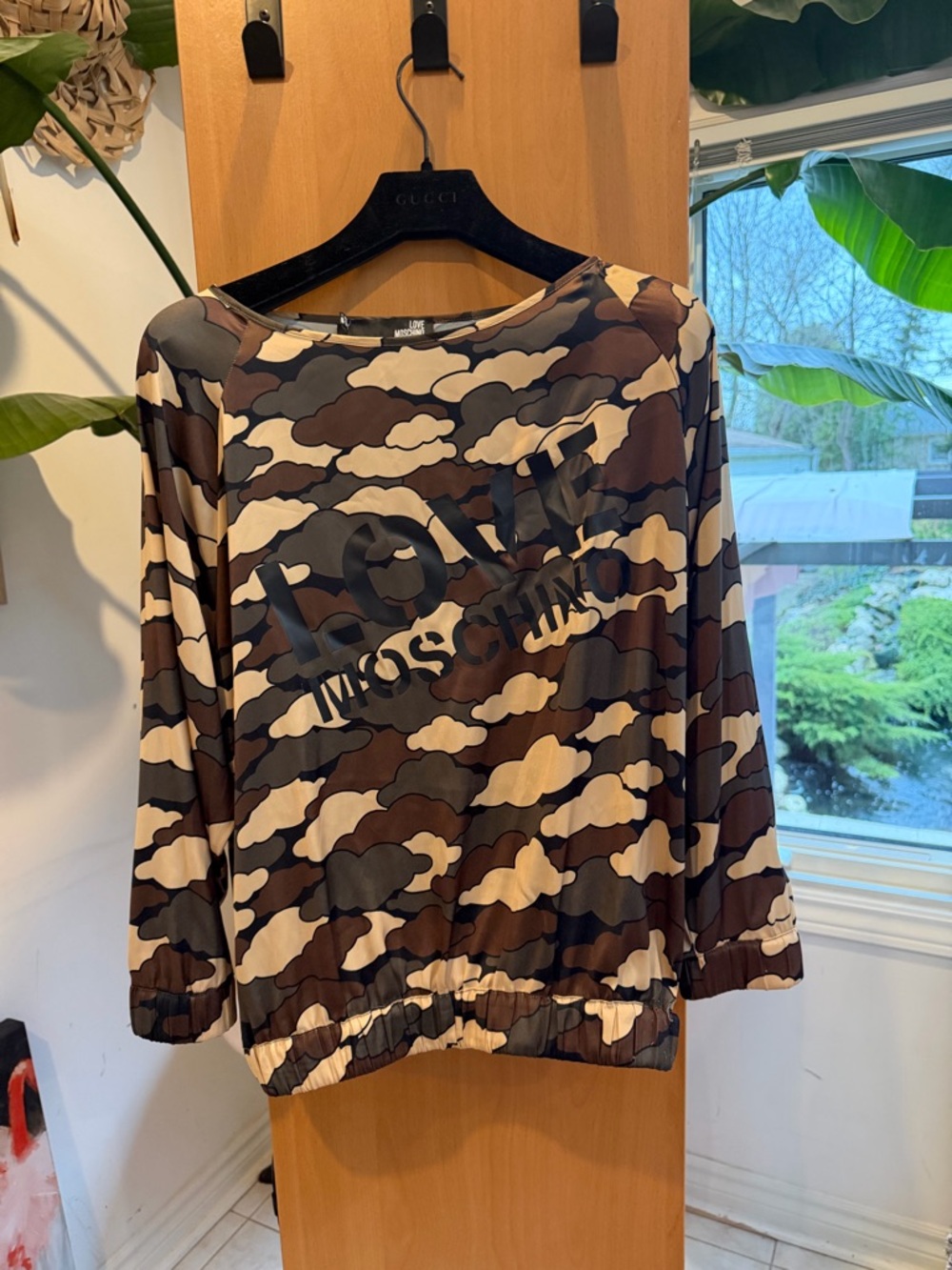 Love Moschino Brown & Beige Camo Logo Long Sleeve Top